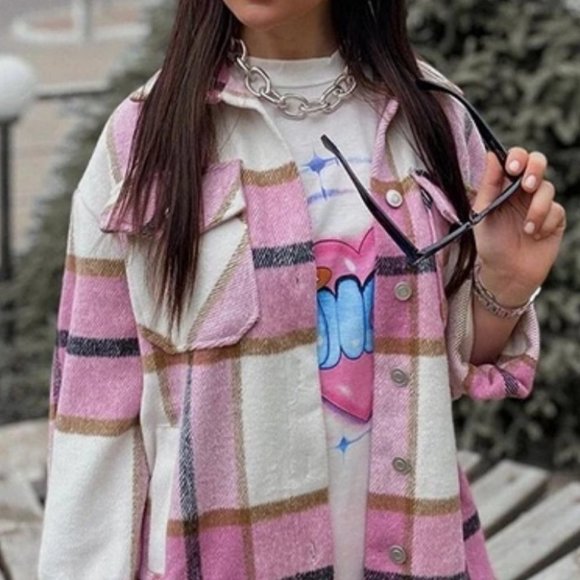 Casual Plaid Flap Pocket detailed button down pink Overshirt - Picture 4 of 16